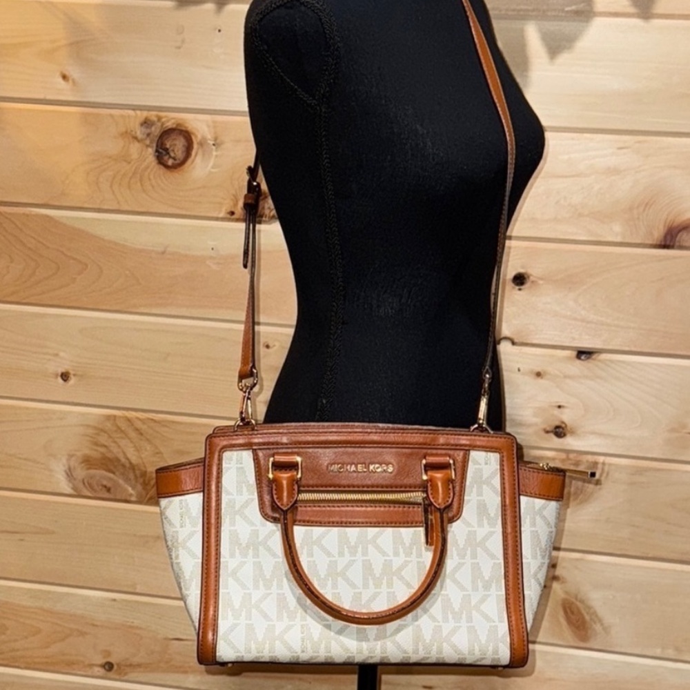 Michael Kors White & Brown Signature Logo Satchel